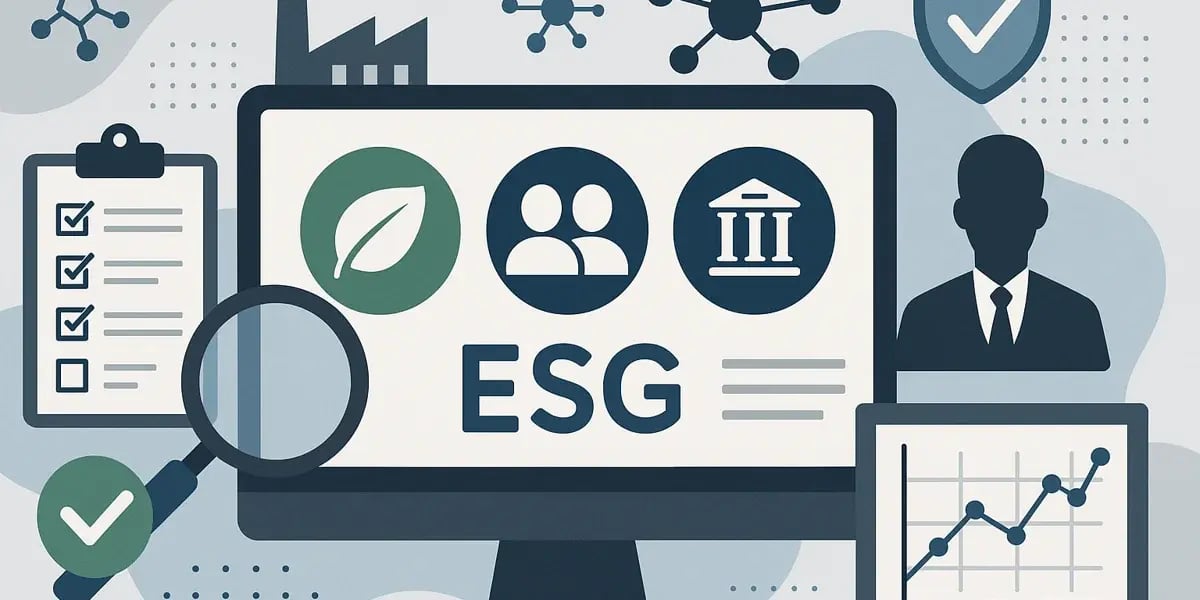 Illustration zum Thema ESG mit Symbolen für Umwelt, Soziales und Unternehmensführung.
