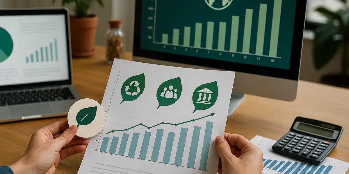 Nachhaltigkeitsanalyse mit Diagrammen und Symbolen für Umwelt, Recycling und soziale Verantwortung.