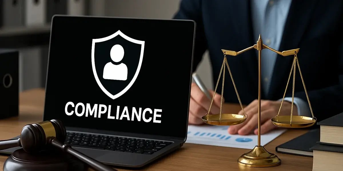 Laptop mit Compliance-Symbol neben Waage und Richterhammer im Büro.
