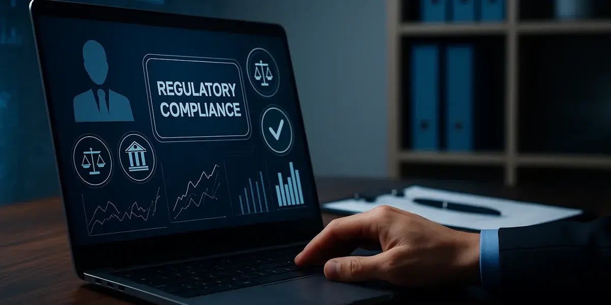 Laptop mit Anzeige Regulatory Compliance und Symbolen für Recht und Unternehmensführung.