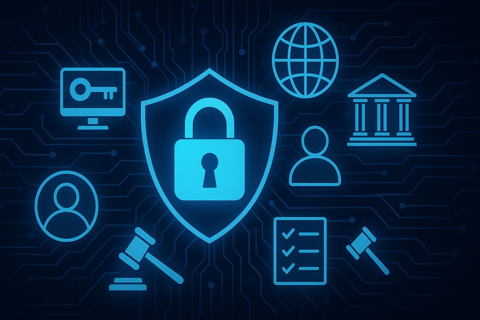 Illustration eines digitalen Sicherheitssystems mit Schloss, Checklisten und Rechtssymbolen zum Datenschutz.