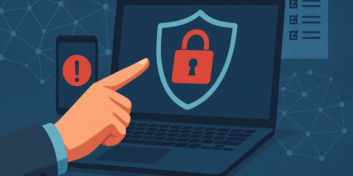 Illustration eines Laptops mit einem roten Vorhängeschloss-Symbol auf dem Bildschirm, während eine Hand auf das Sicherheitssymbol zeigt.