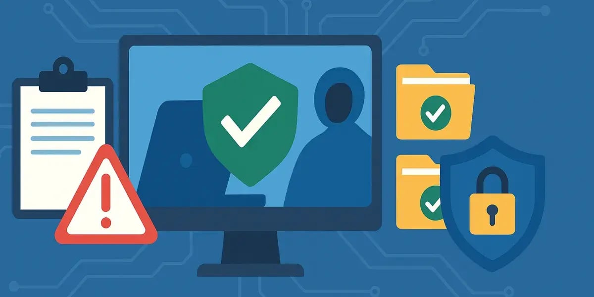 Grafische Darstellung eines Computerbildschirms mit Sicherheits- und Warnsymbolen, Ordnern und einem großen Schloss – Symbol für Datensicherheit.