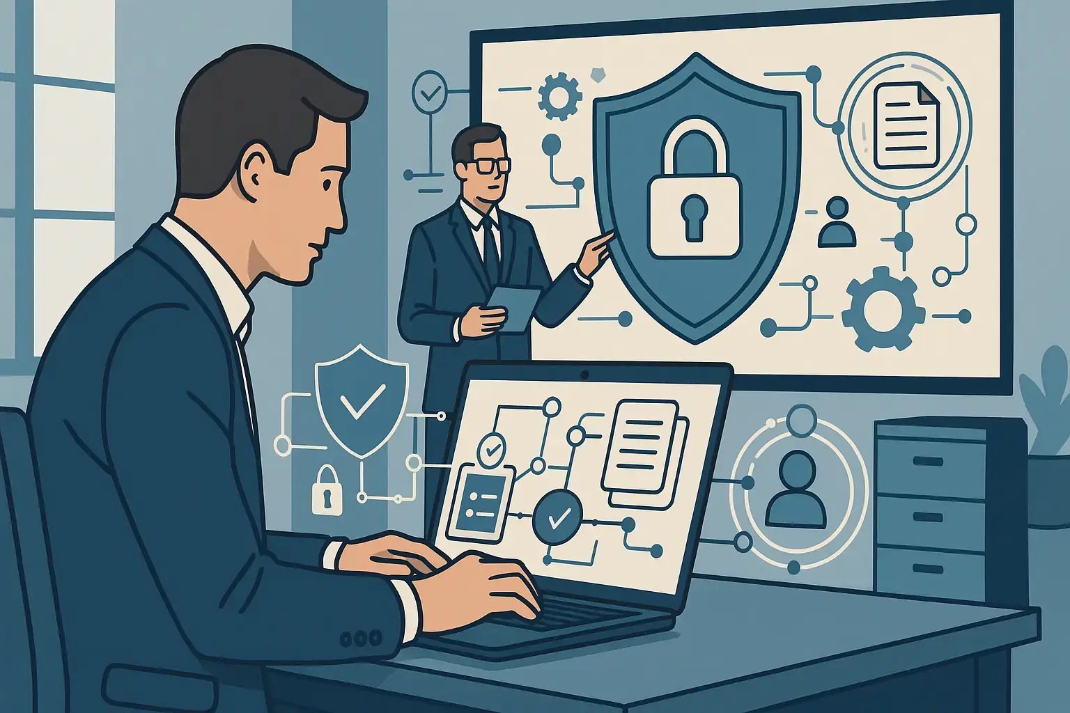 Illustration eines IT-Teams, das an Konzepten zu Datenschutz, Sicherheitsrichtlinien und Compliance arbeitet.