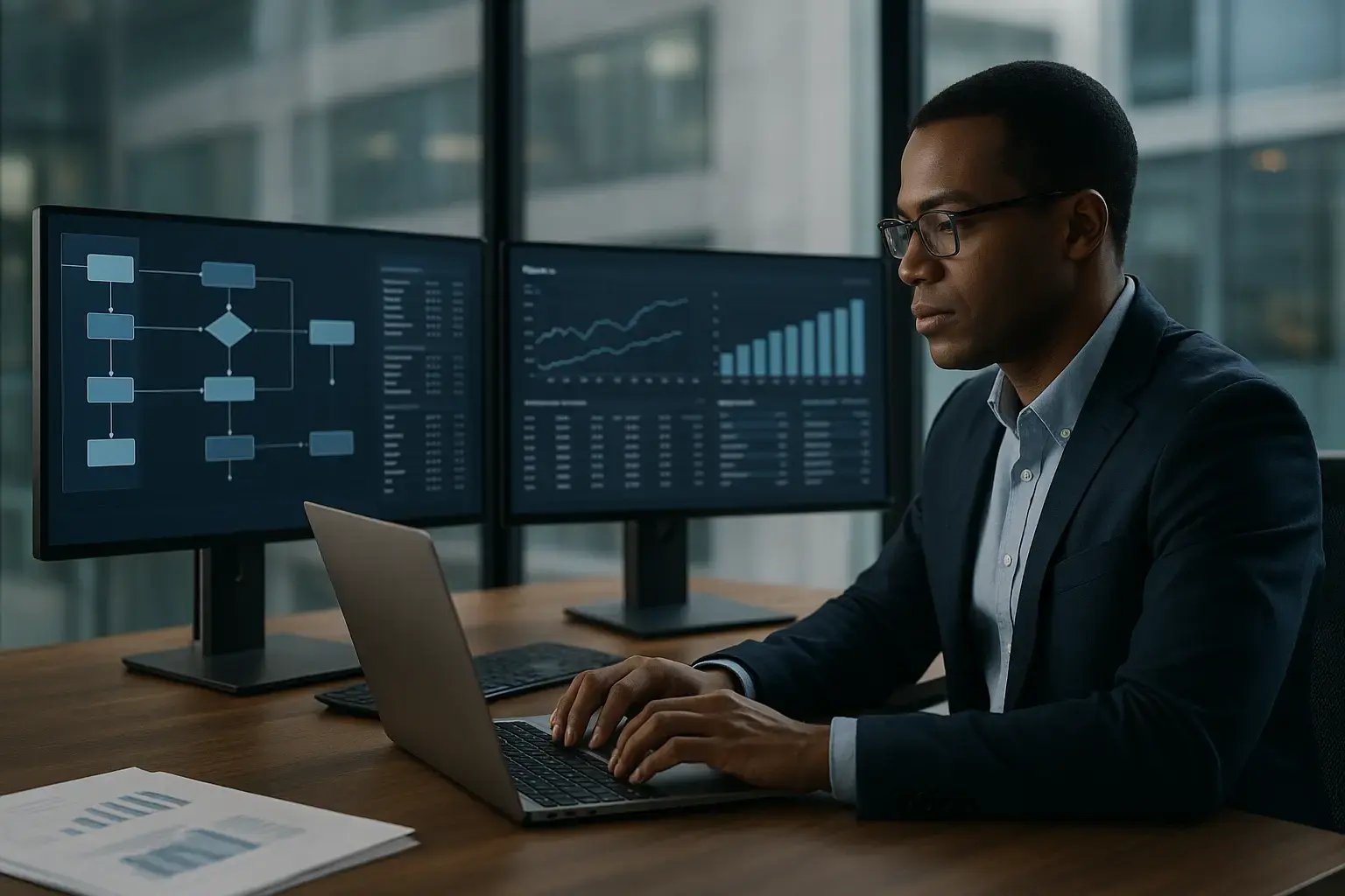 A professional analyzing data on multiple monitors, focusing on graphs and flowcharts in a modern office setting.