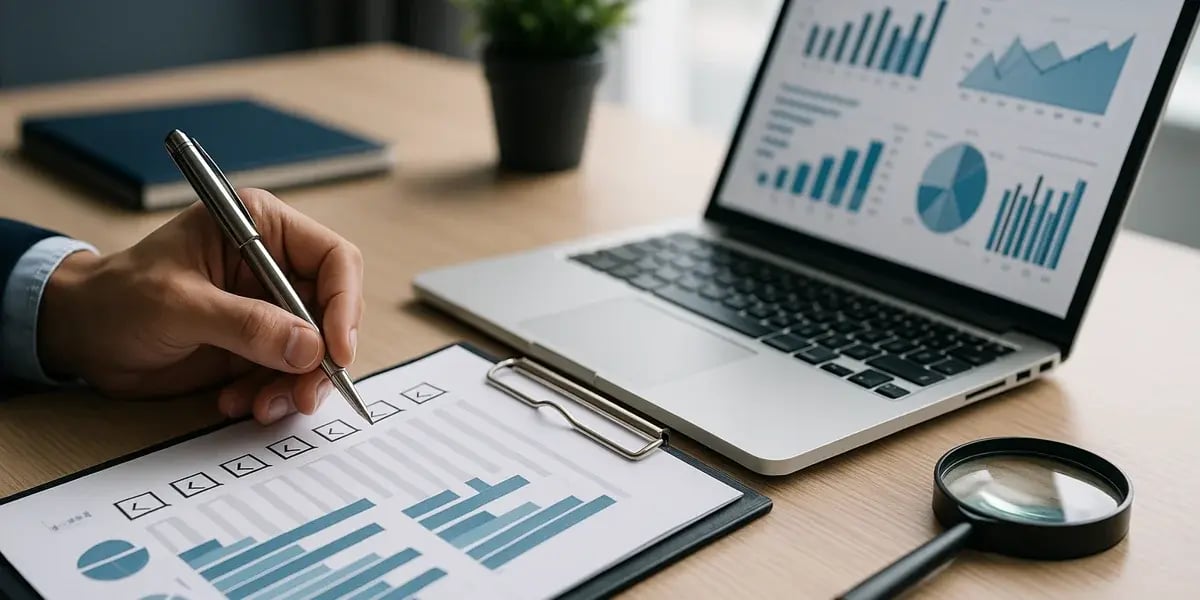 Nahaufnahme eines Schreibtischs mit Diagrammen und Checklisten zur Datenanalyse und Compliance-Prüfung.