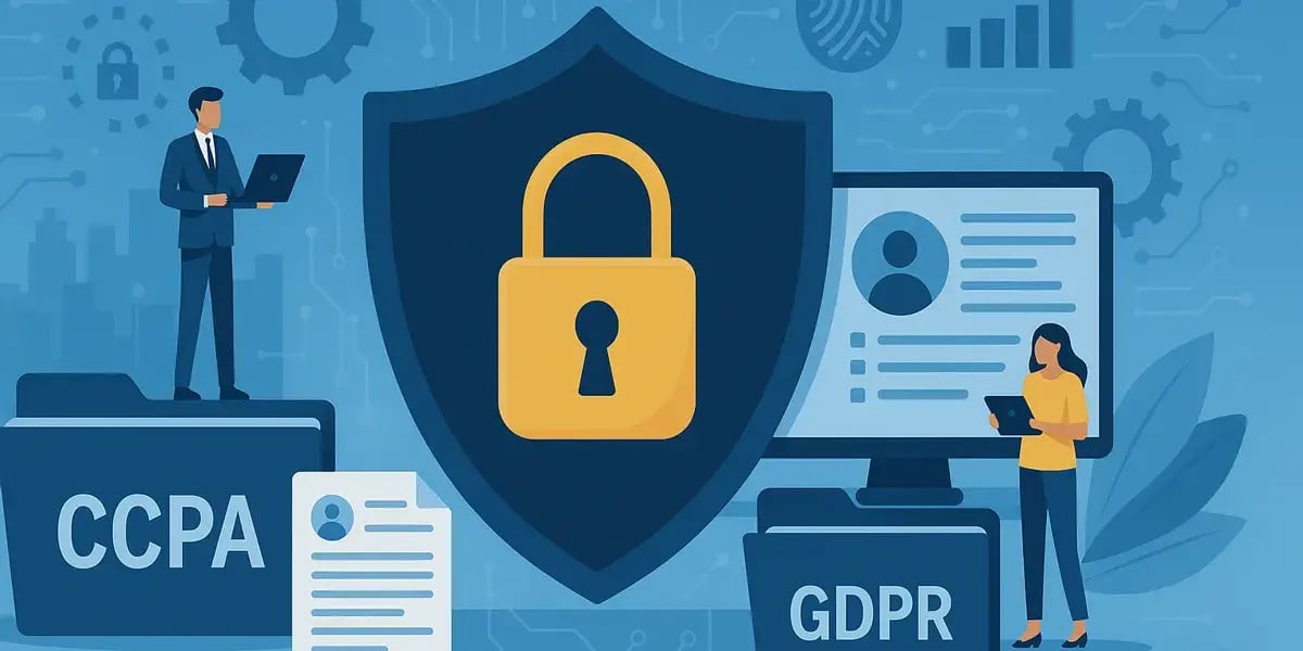 Illustration zu Datenschutzgesetzen mit Symbolen für CCPA, GDPR und Datensicherheit.