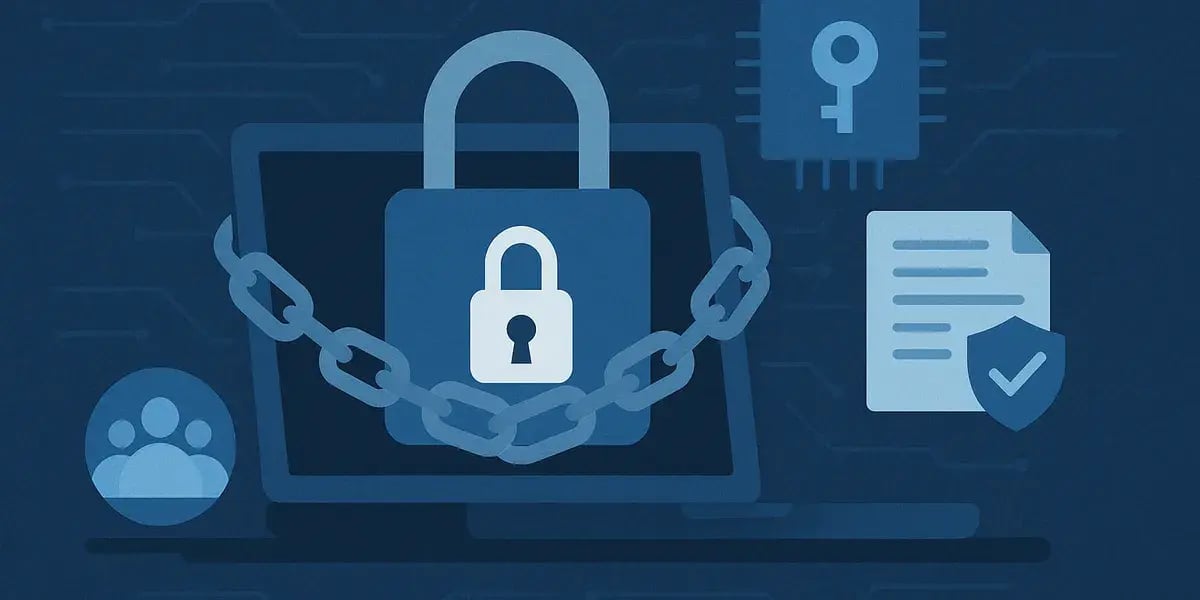 Laptop mit Kette und Vorhängeschloss, umgeben von Symbolen für Datensicherheit, Zugriff und Schutzmechanismen.
