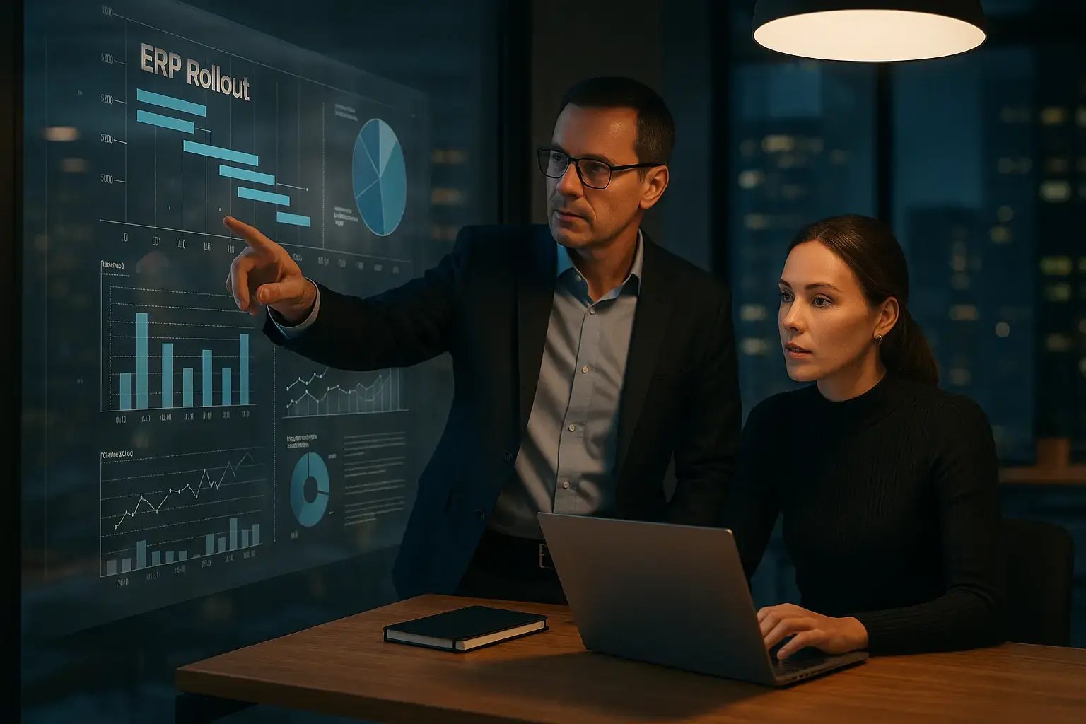 Zwei Geschäftsleute analysieren Projektpläne und Daten in einem modernen Büro mit großen Displays.