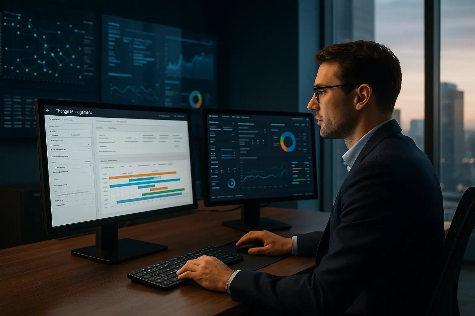 Ein IT-Spezialist analysiert Daten auf dualen Monitoren in einem modernen Büro.