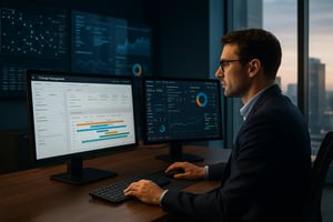 Ein IT-Spezialist analysiert Daten auf dualen Monitoren in einem modernen Büro.