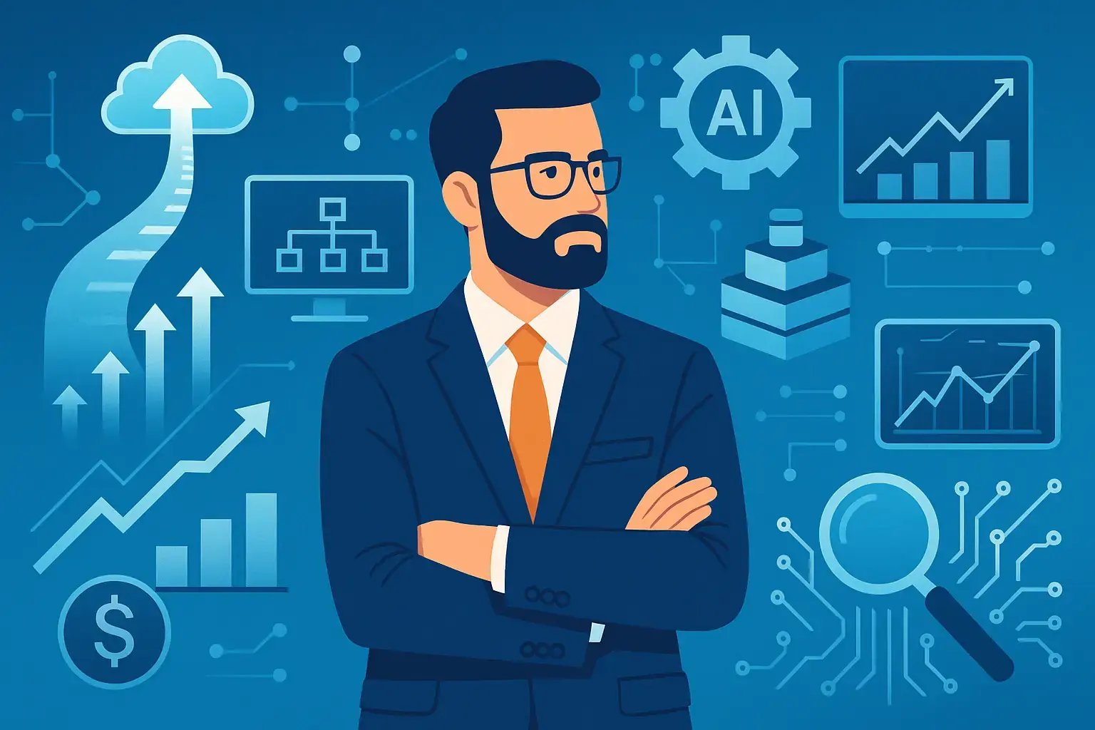 Illustration eines Geschäftsmanns vor Symbolen für Cloud, Datenanalyse und künstliche Intelligenz.