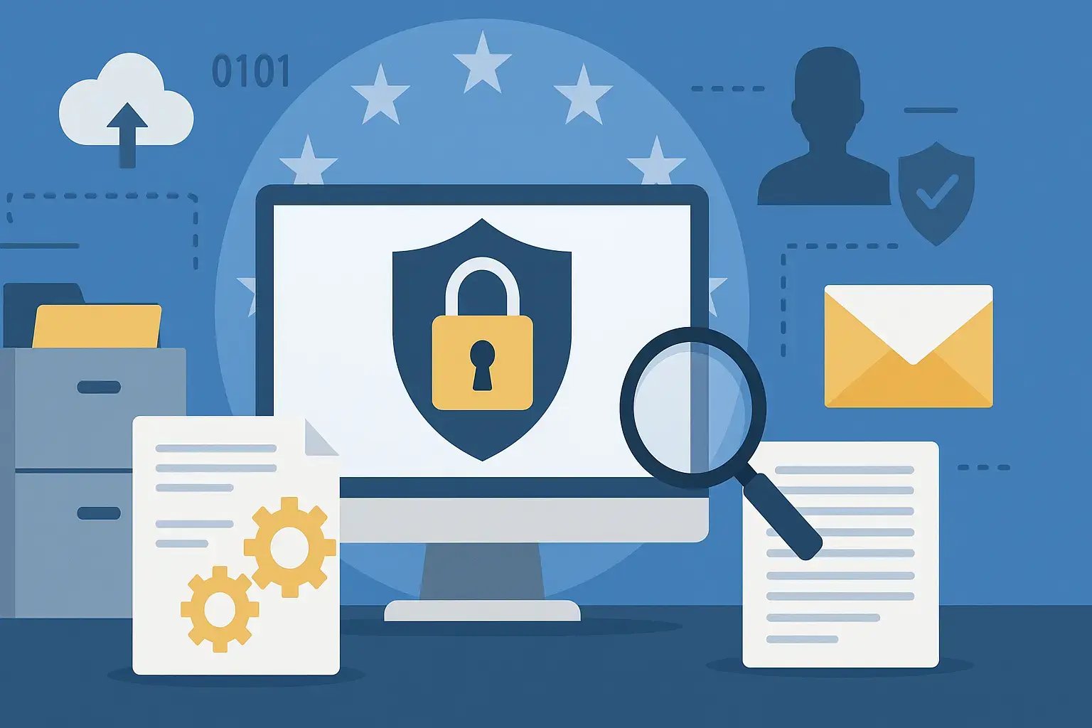 Illustration von Datenschutz und Sicherheitsmaßnahmen am Computer.