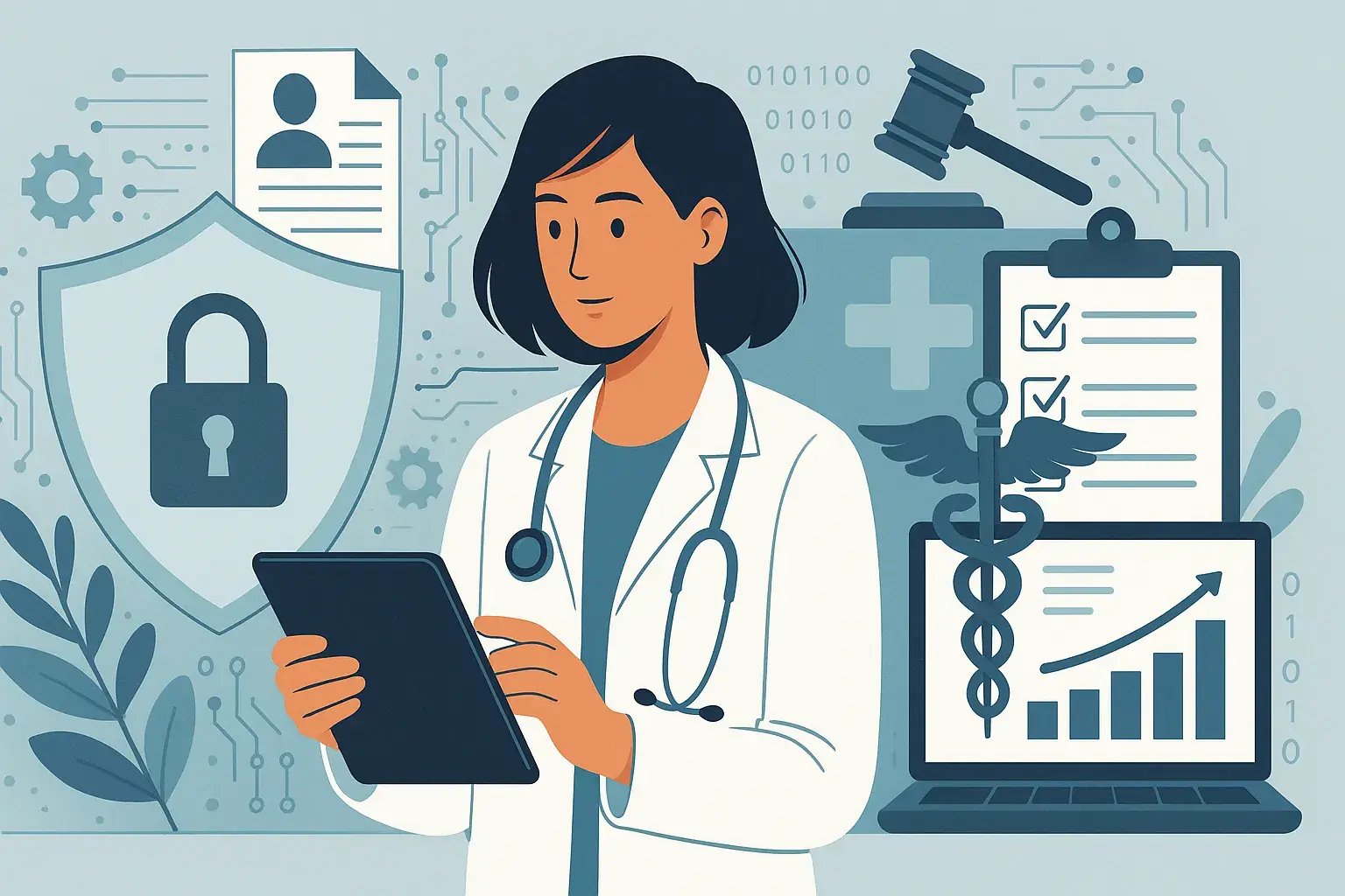 Ärztin mit Tablet vor Symbolen für Datenschutz, digitale Patientenakten und medizinische Datenverarbeitung.