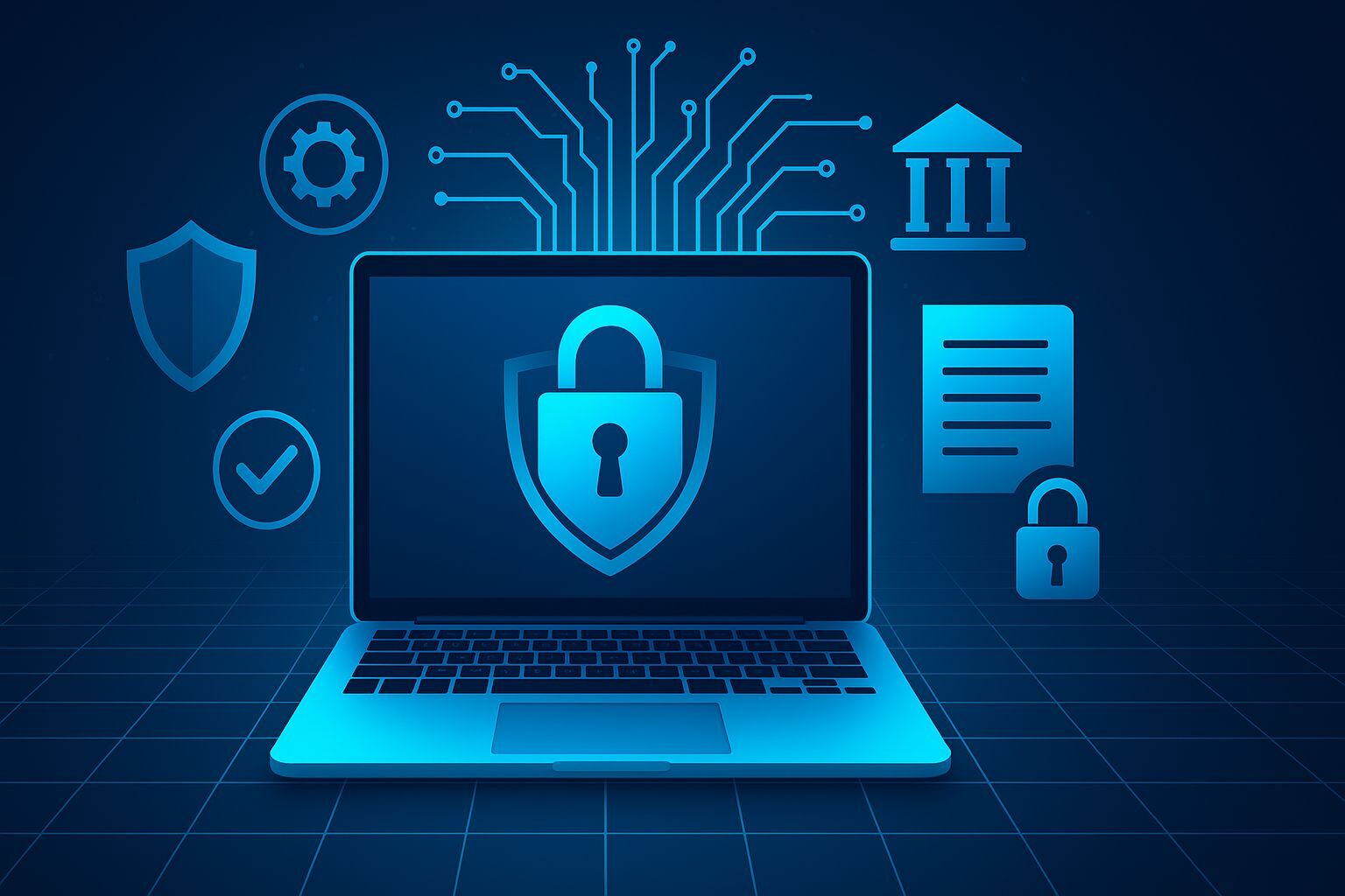 Symbolische Darstellung eines Laptops mit Schloss und digitalen Schutzsymbolen zur IT-Sicherheit und Compliance.