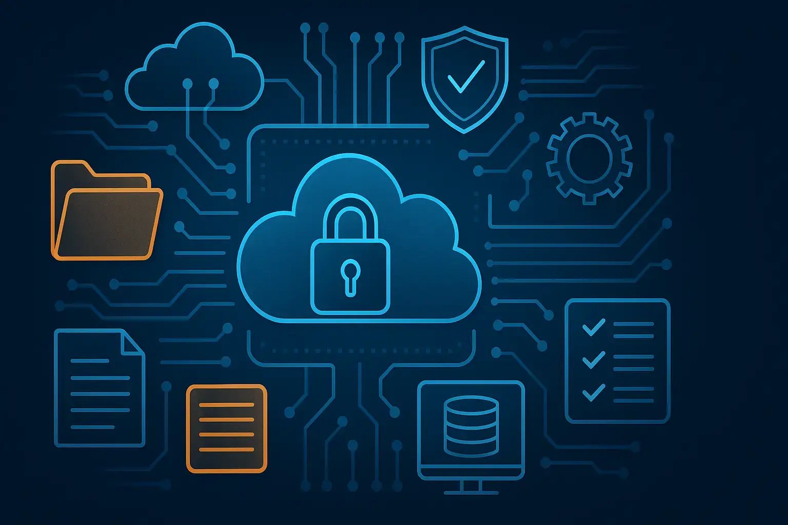 Illustration einer Cloud mit Schloss, umgeben von Symbolen für Datensicherheit, Verschlüsselung und digitale Prozesse