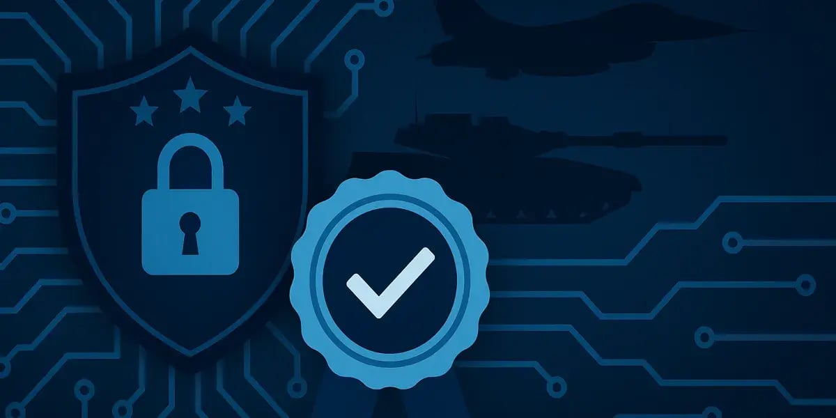 Symbolische Darstellung von Cybersicherheits- und Verteidigungszertifizierung mit Schloss- und Häkchen-Symbolen.