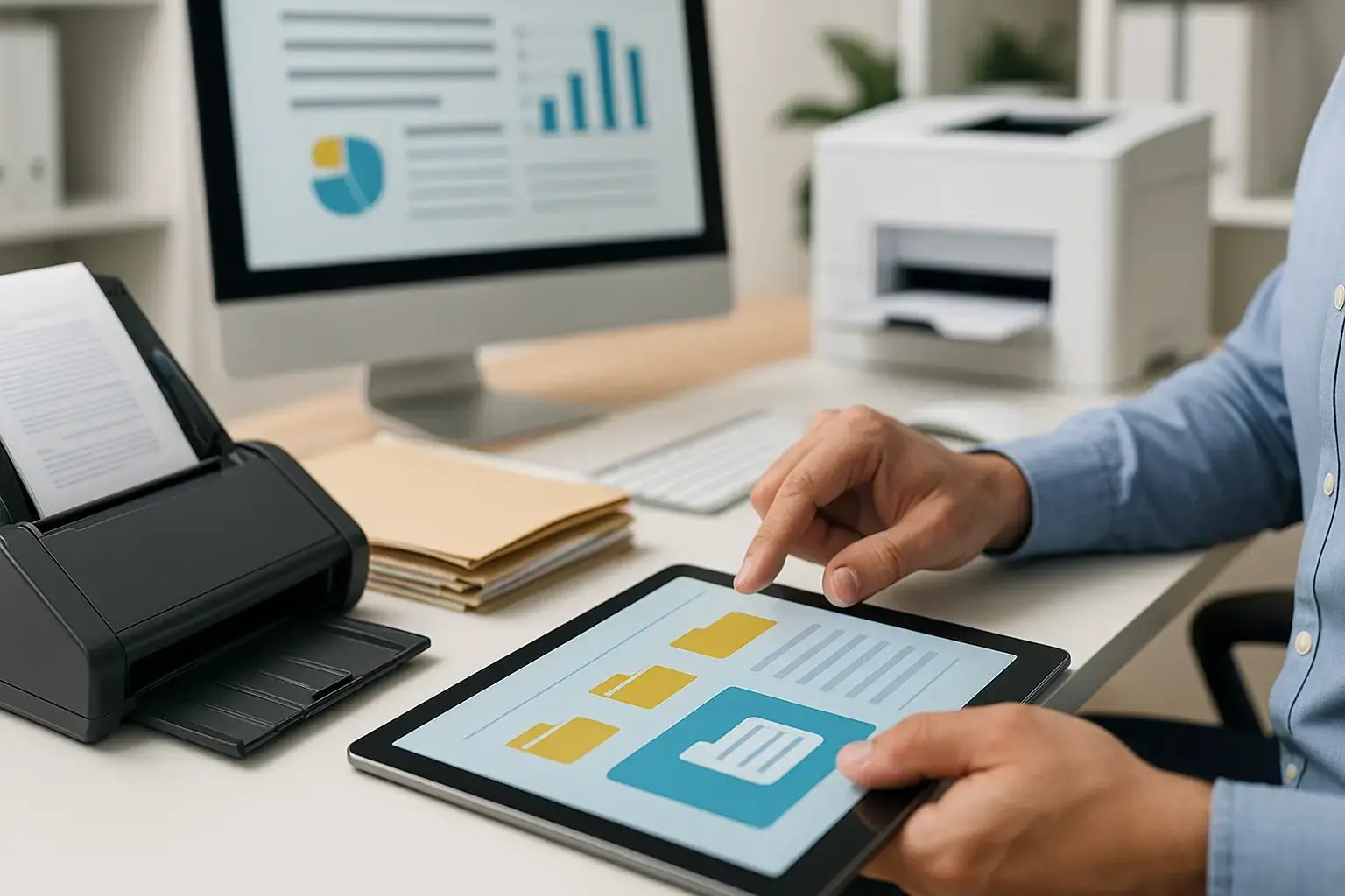 Person tippt auf einem Tablet mit digitalen Ordnern, im Hintergrund stehen Scanner, Computer und Dokumente auf einem Schreibtisch.