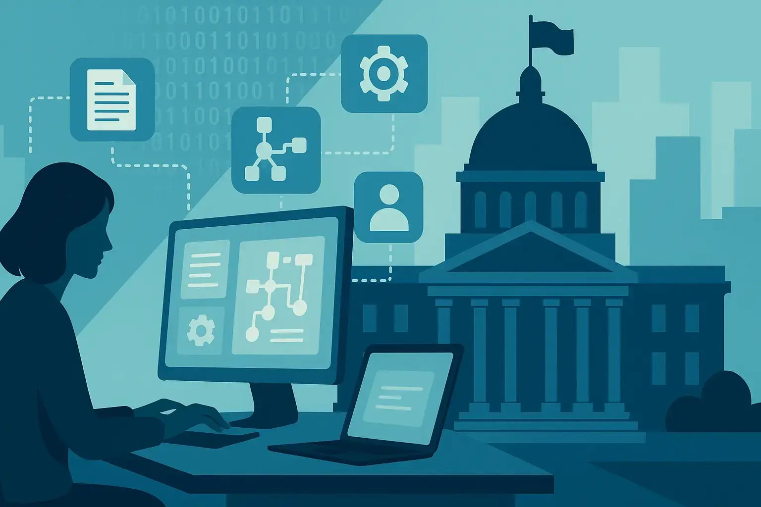 Illustration einer Mitarbeiterin, die an einem Computer digitale Verwaltungsprozesse und Behörden-Workflows überwacht; im Hintergrund ein Regierungsgebäude.