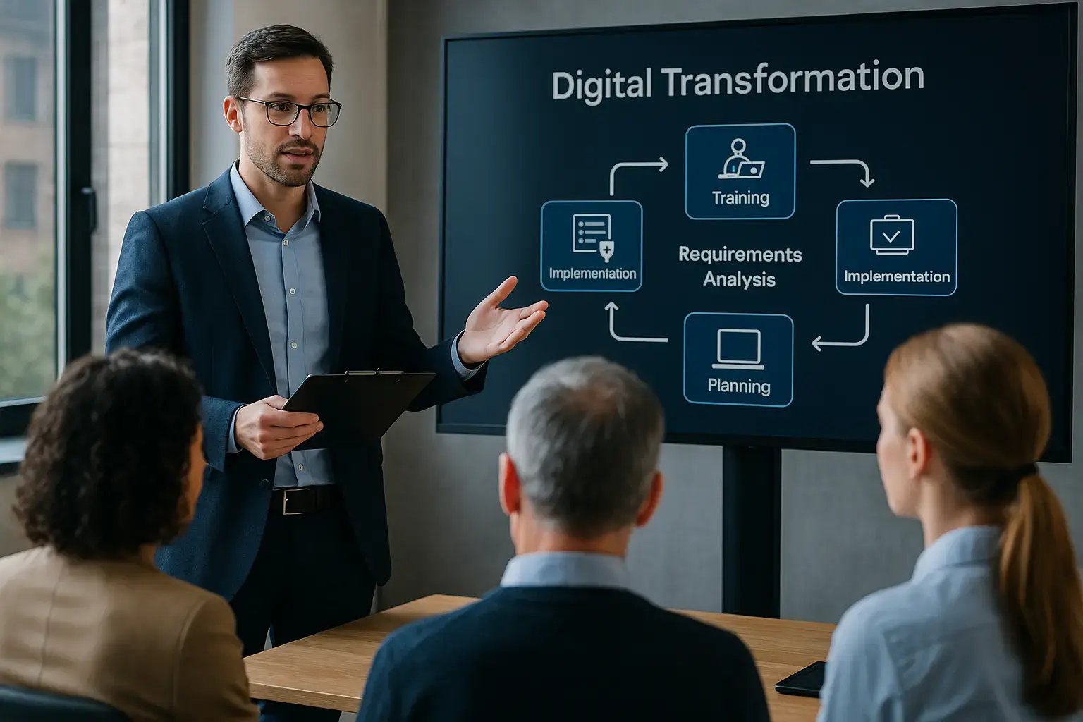 Ein Referent erklärt den Prozess der digitalen Transformation in einem Besprechungsraum.