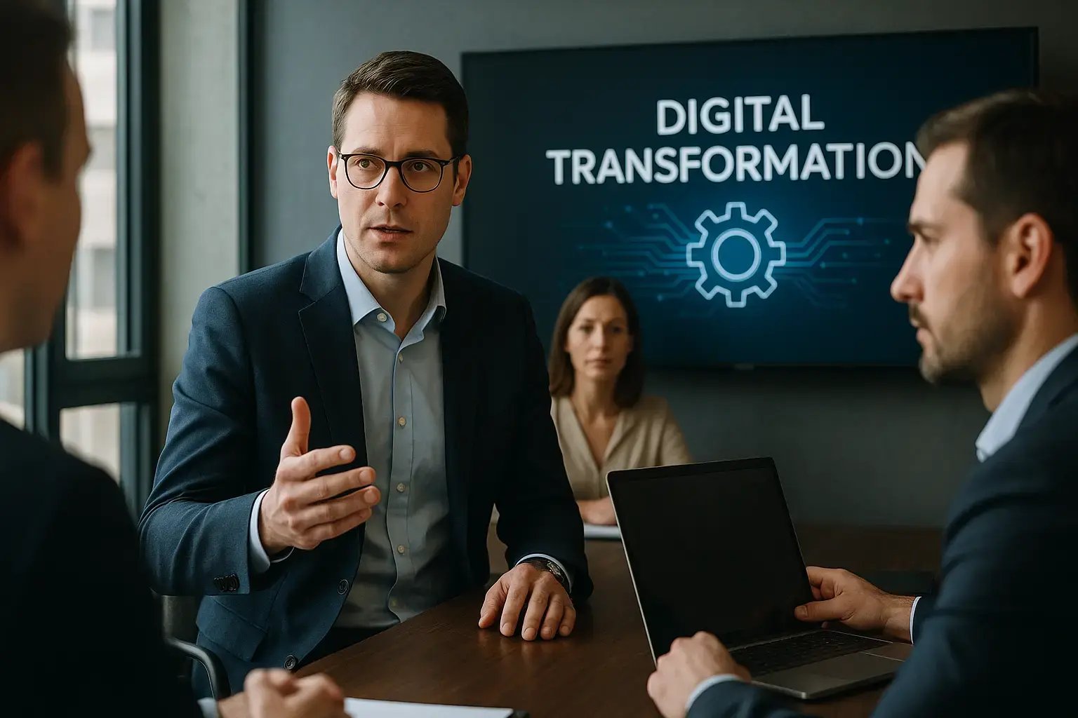 Discussion about digital transformation in a corporate environment with a presenter and audience.