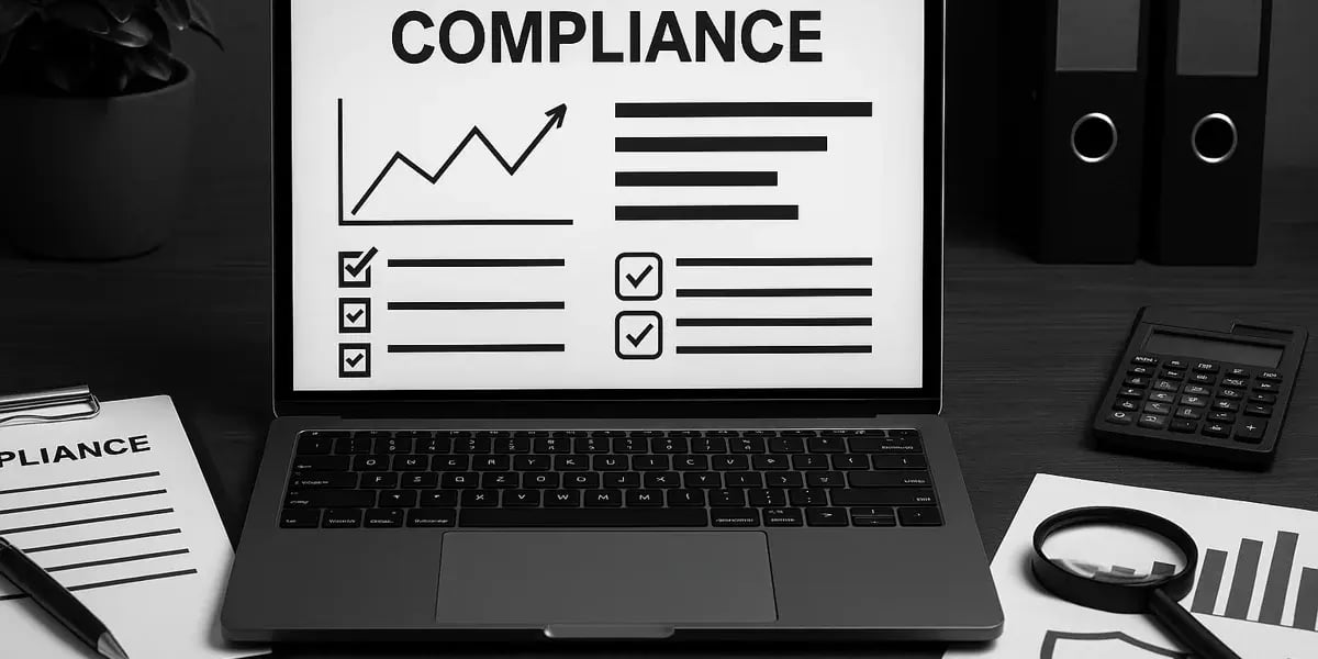 Laptop mit Compliance-Dashboard und Checklisten auf dem Bildschirm, daneben Lupe und Unterlagen.