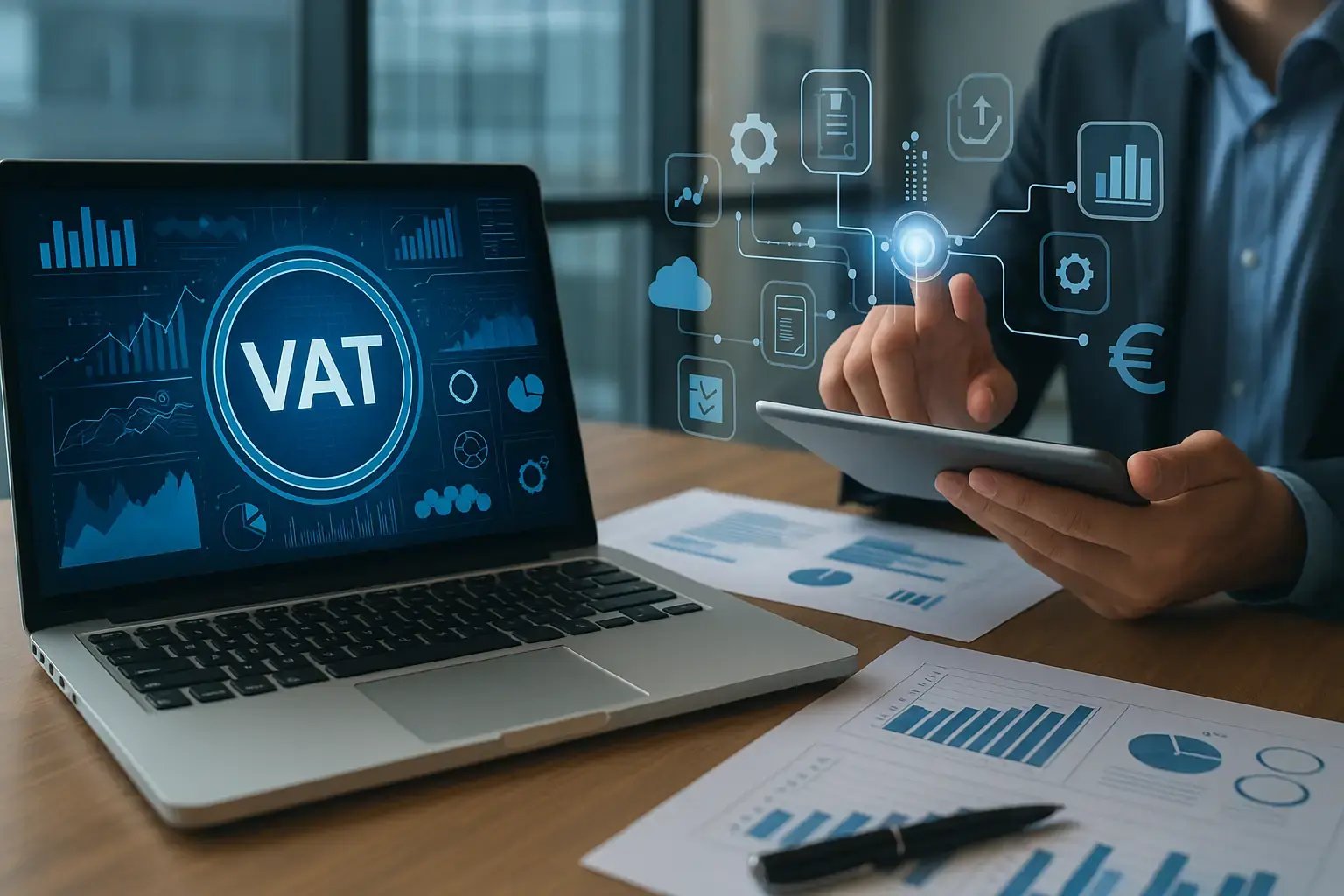 Person arbeitet mit Laptop und Tablet an einer digitalen Umsatzsteuer- und Finanzübersicht, umgeben von Diagrammen und Symbolen.