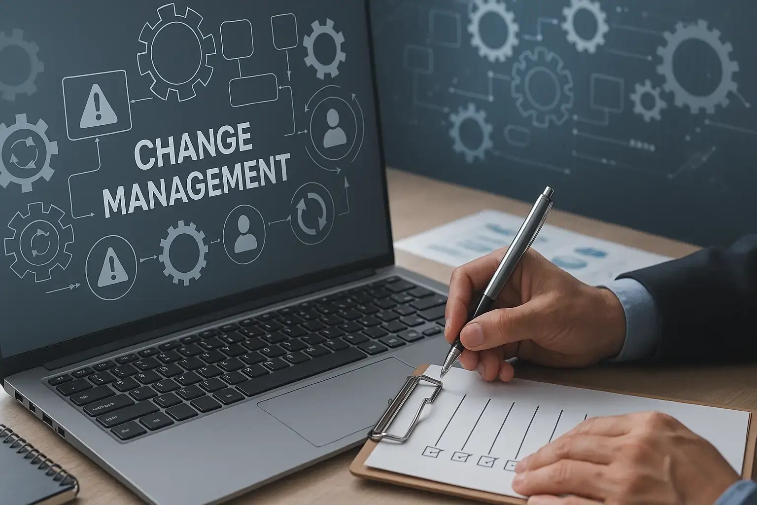 Laptop zeigt „Change Management“ mit Symbolen für Prozesse und Warnhinweise, während jemand eine Checkliste ausfüllt.