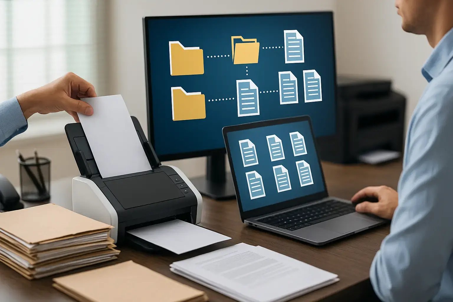 Arbeitsplatz mit Scanner, Laptop und Monitor, auf denen digitale Ordner- und Dokumentstrukturen für einen Scan-Workflow angezeigt werden.