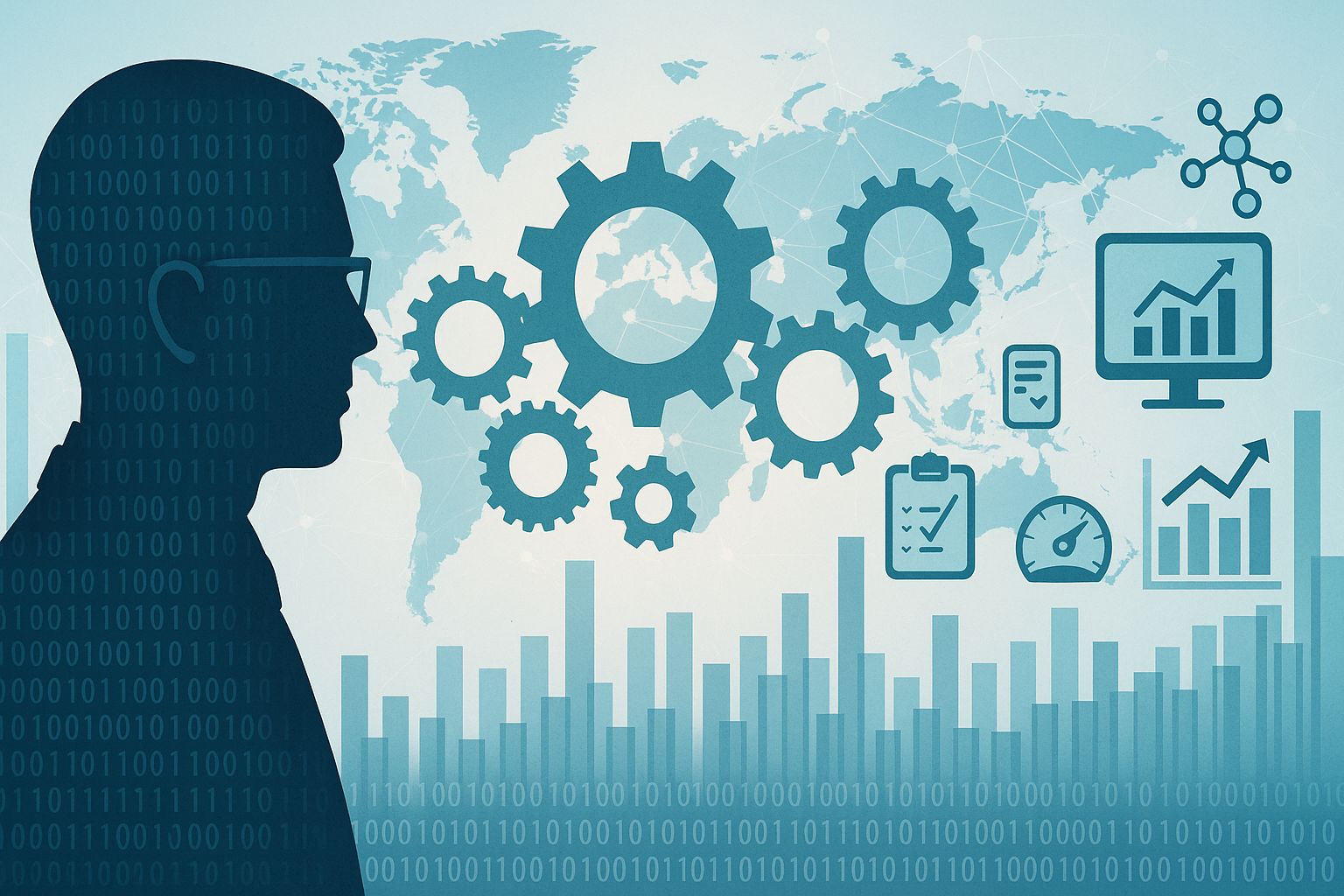 Illustration von Prozessmanagement und Automatisierung mit Zahnrädern, Diagrammen und globaler Vernetzung.
