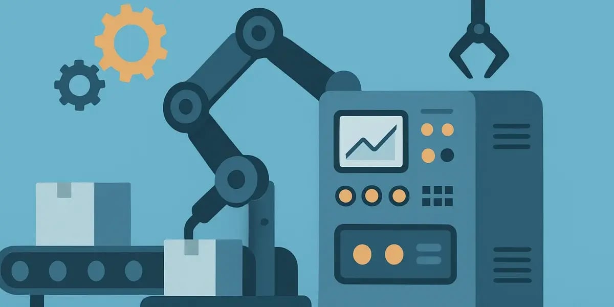 Automatisierte Fertigung mit Roboterarm, Verpackungslinie und Kontrollsystem – Darstellung moderner Produktionsprozesse.