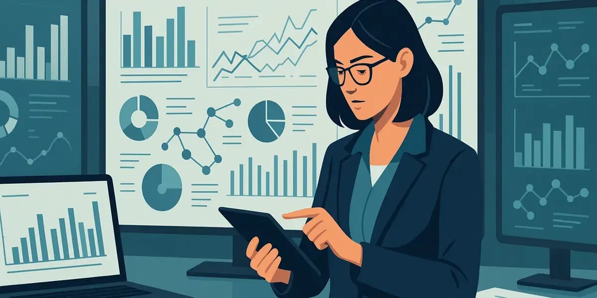 Business-Analystin bedient ein Tablet vor Bildschirmen mit Diagrammen, Charts und KPI‑Dashboards.