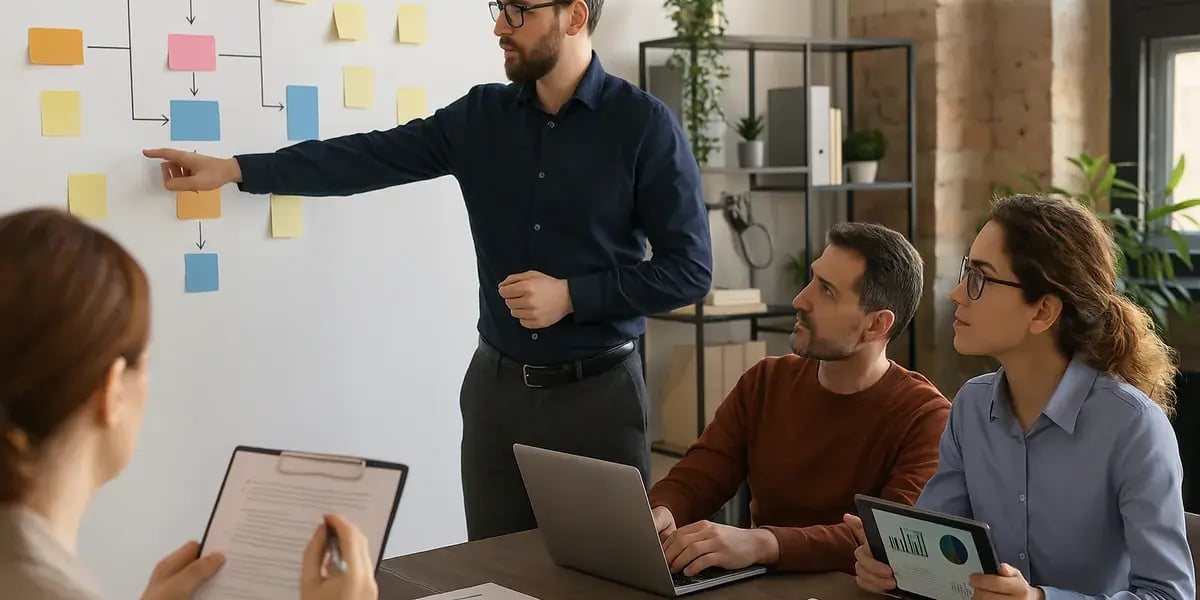 Teammeeting mit Mann, der an einem Whiteboard einen Ablaufplan erklärt, umgeben von Kolleginnen und Kollegen mit Laptops und Tablets.