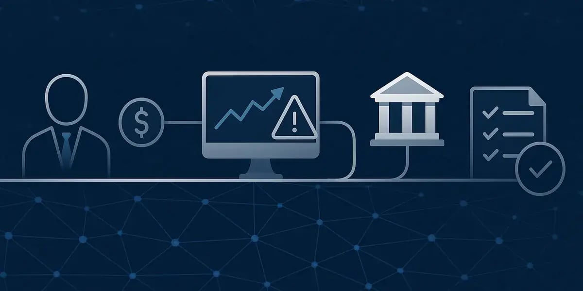 Illustration eines Finanz- und Compliance-Workflows mit Symbolen für Person, Geld, Analyse, Bankgebäude und Dokumentenprüfung.