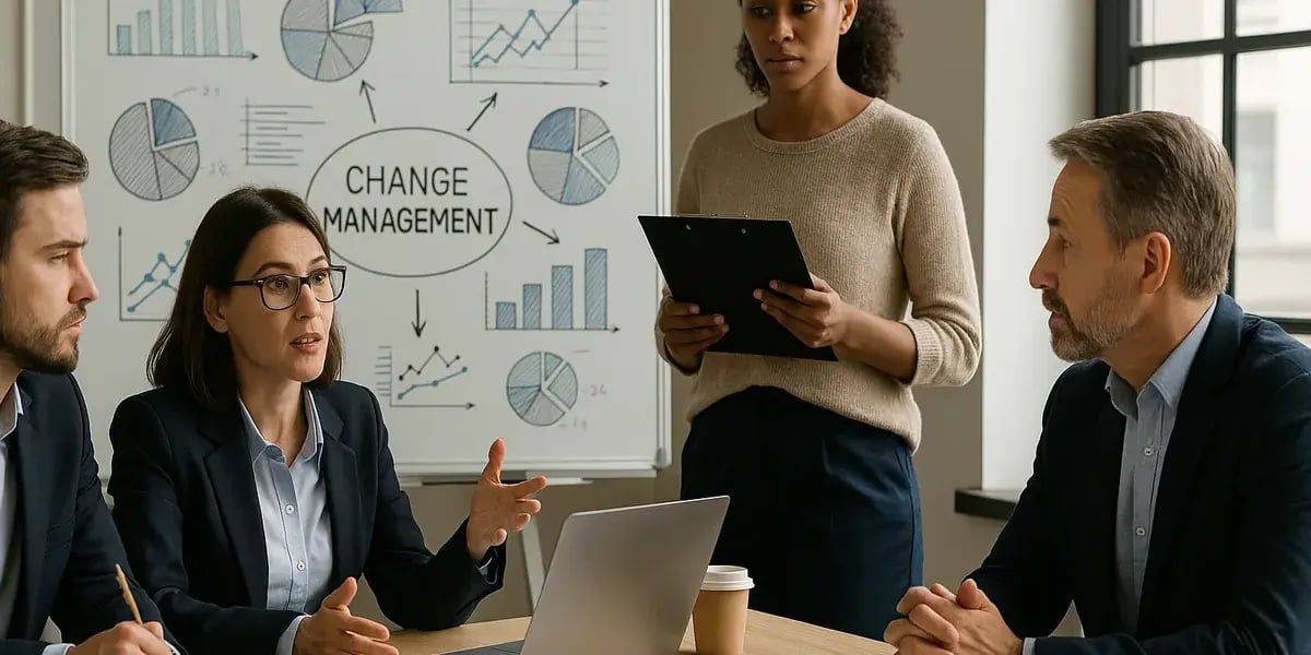 Geschäftstreffen mit Fokus auf Change Management, Frau erklärt Diagramme am Whiteboard, während Kollegen zuhören.