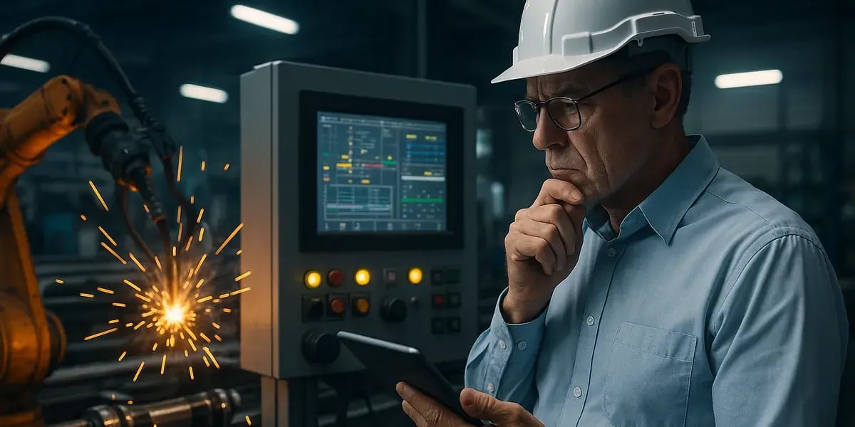 Ingenieur mit Schutzhelm prüft Produktionsprozess an einer CNC- oder Schweißmaschine mithilfe eines Tablets.