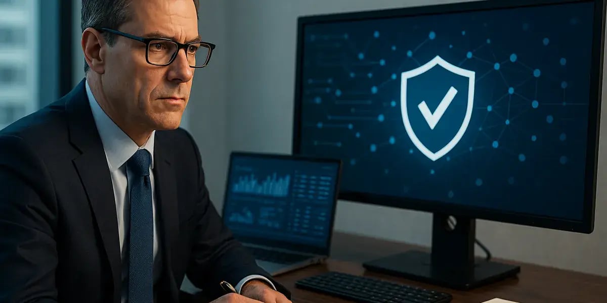 Geschäftsmann im Anzug schreibt Notizen, während auf dem Monitor hinter ihm ein Sicherheitssymbol mit Haken angezeigt wird.