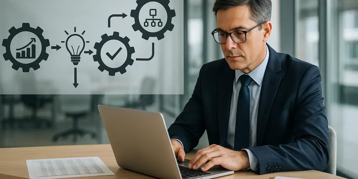 Geschäftsmann arbeitet am Laptop, im Hintergrund Symbole für Prozessoptimierung mit Zahnrädern, Glühbirne und Diagrammen.
