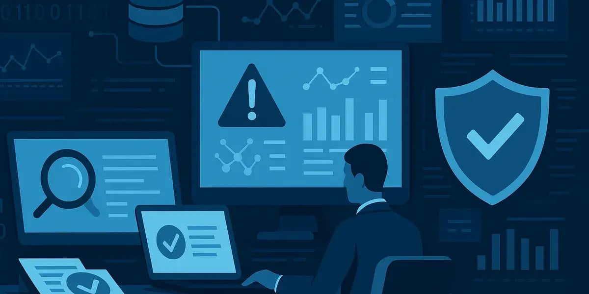 Security- und Monitoring-Workspace: Mann überwacht Warnhinweise, Analysen und Schutzsymbole auf mehreren Displays.