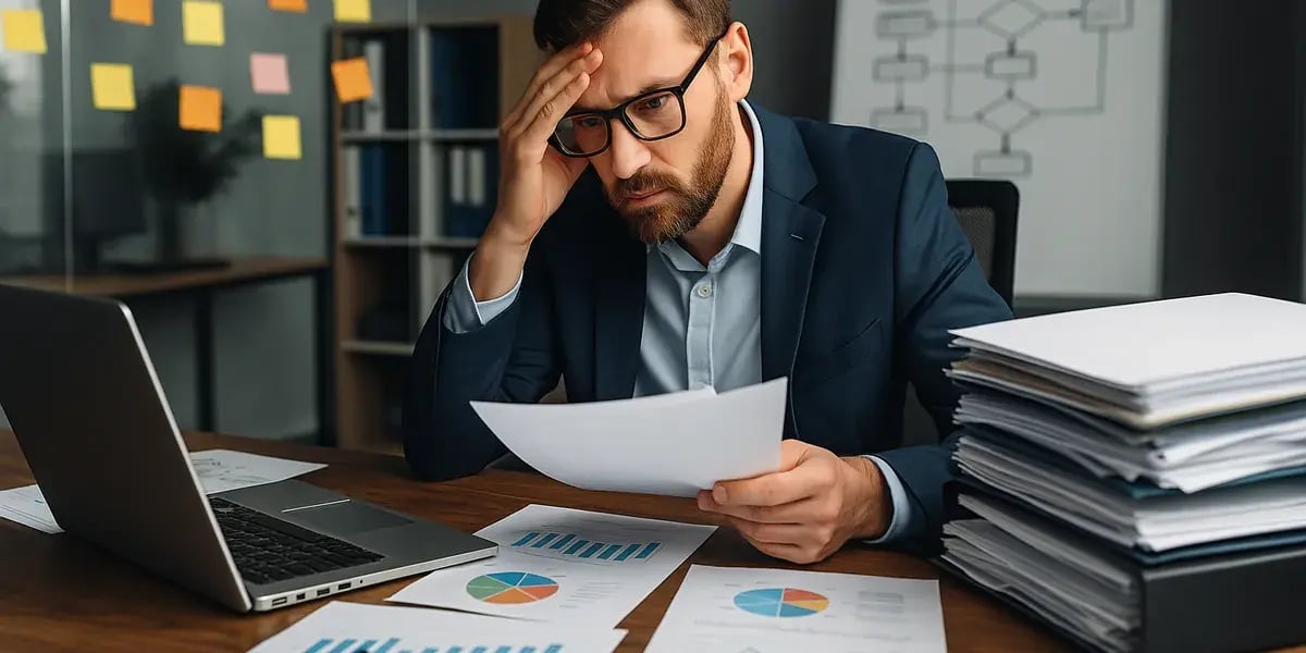 Geschäftsmann im Büro analysiert Finanzberichte, sichtlich besorgt über die Ergebnisse.