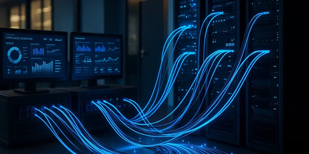 Serverraum mit leuchtenden Glasfaserkabeln, die Datenströme zu Monitoren mit Compliance- und Analyse-Dashboards leiten.