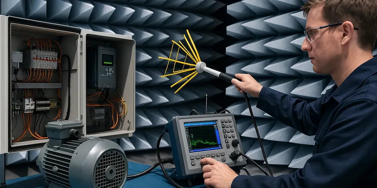 Techniker misst elektromagnetische Strahlung eines Elektromotors in einem EMV-Testlabor mit Messgeräten.