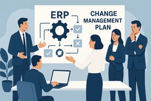 Team members engaged in a discussion about an ERP change management plan with visuals on the board.