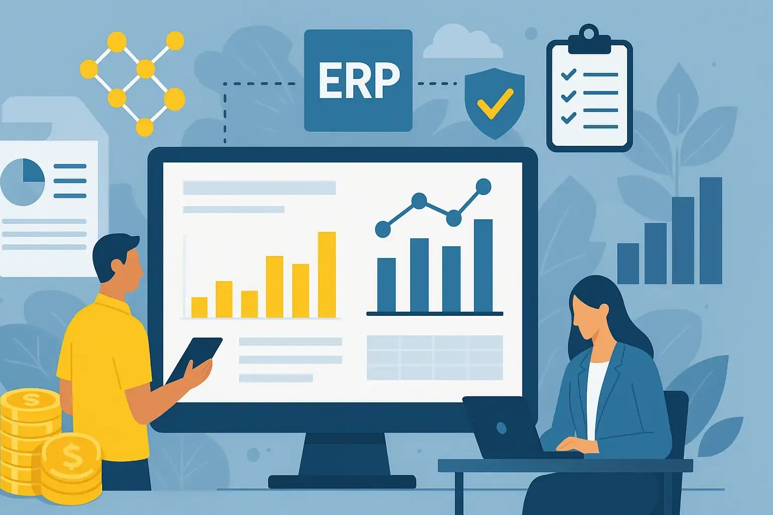 Illustration eines großen ERP-Dashboards mit Balken- und Liniendiagrammen, umgeben von einer Frau am Laptop und einem Mann mit Tablet.