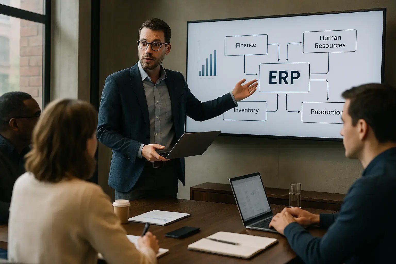 Professional presenting ERP system benefits while team members listen attentively during a business meeting.