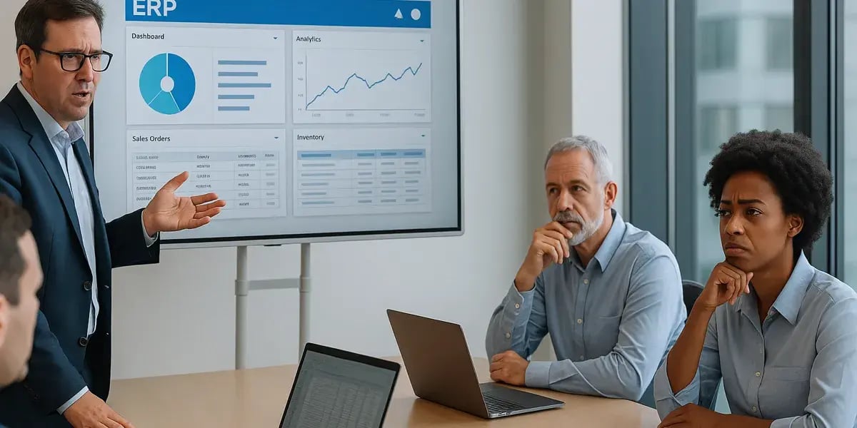 Geschäftspräsentation zu ERP-Daten, bei der ein Mann seinem Team Dashboard-Analysen zeigt.