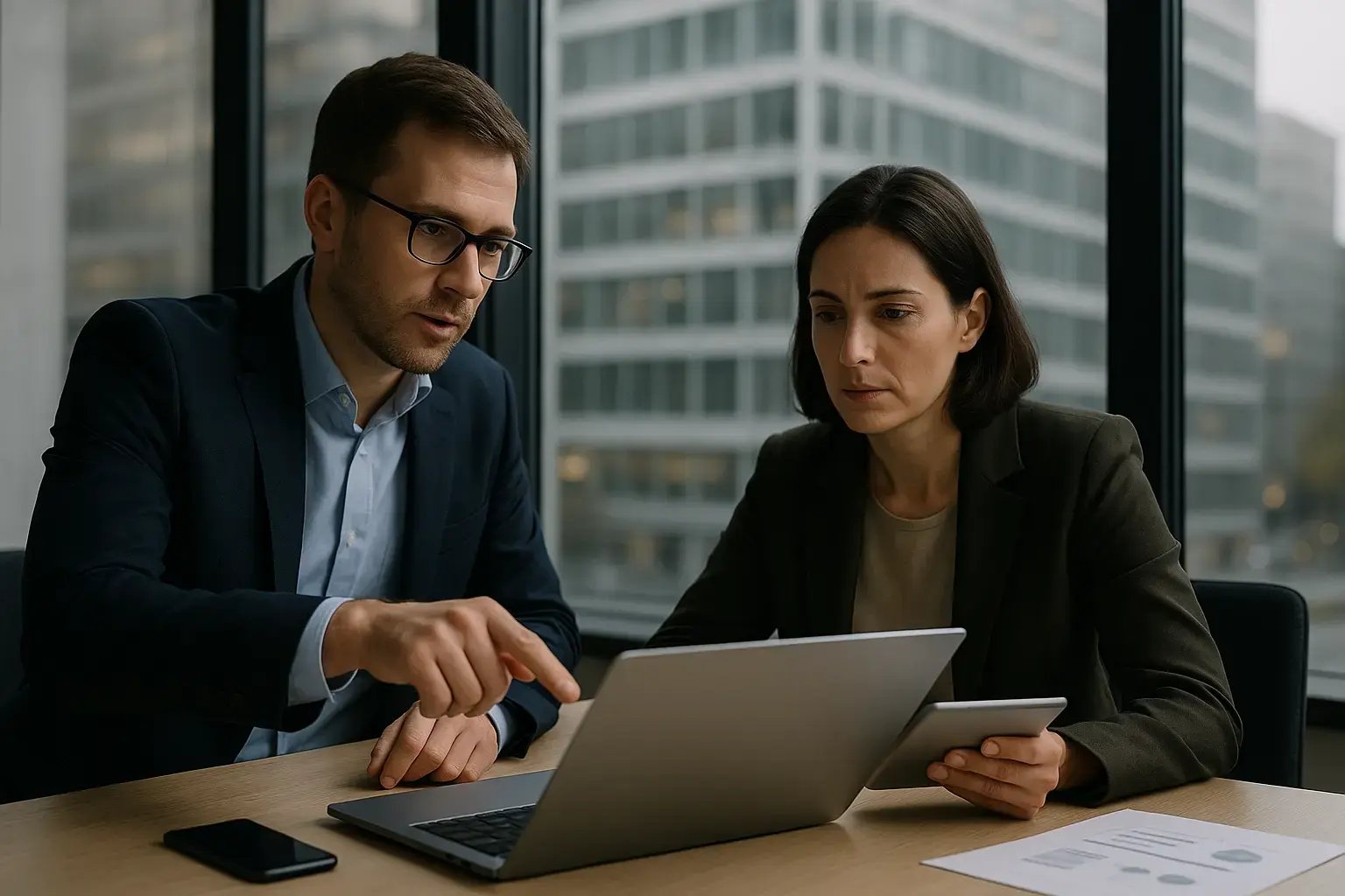 Zwei Fachleute arbeiten an digitalen Geräten in einem modernen Büro.