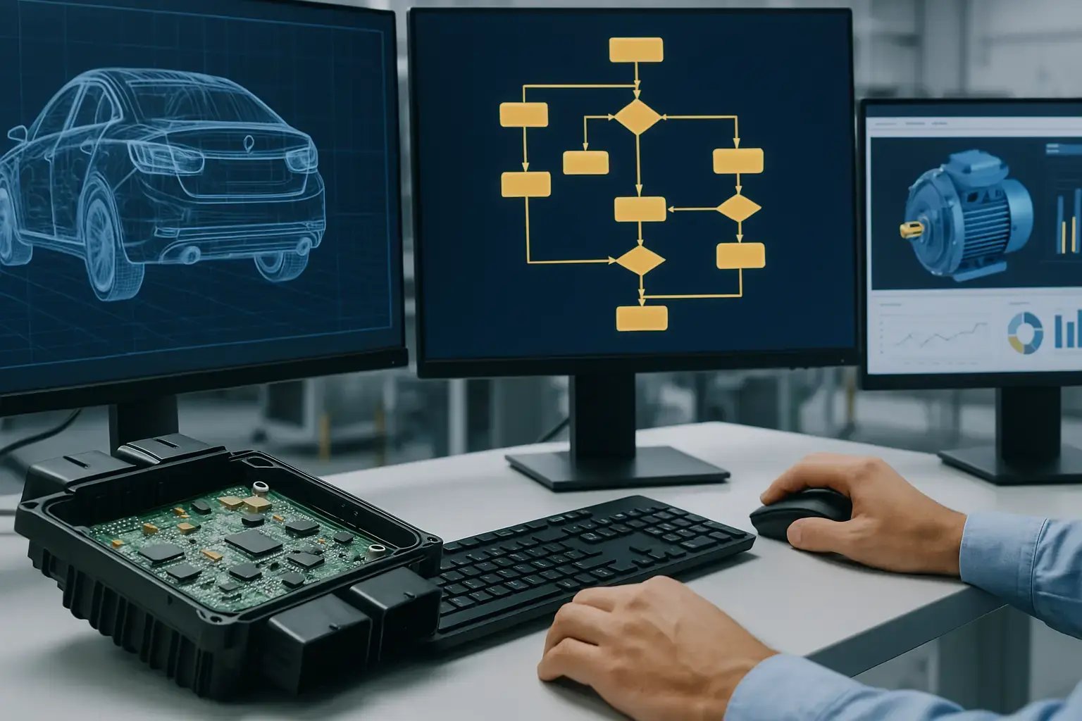 Techniker analysiert Fahrzeugmodell, Schaltlogik und Motordaten auf mehreren Monitoren neben einem geöffneten Steuergerät.