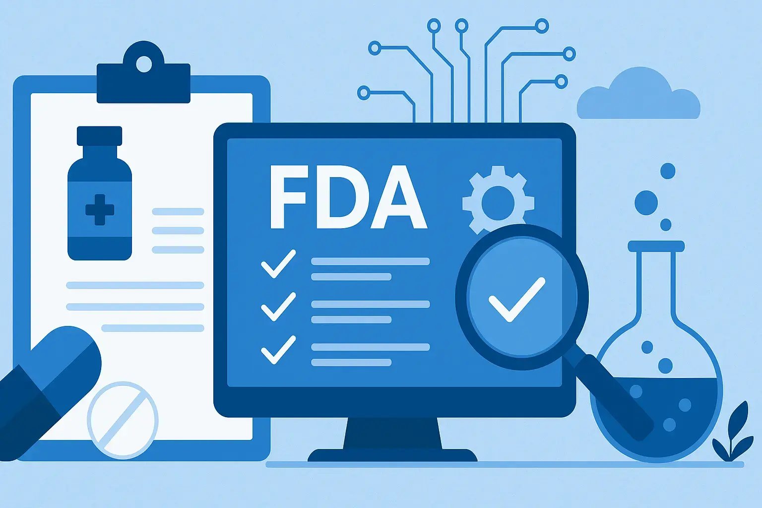 Grafische Darstellung von FDA-Vorgaben mit Checklisten und Medikamenten.