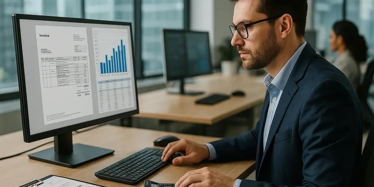 Mann in Anzug analysiert Rechnungen und Balkendiagramme am Bildschirm mit Taschenrechner am Arbeitsplatz.